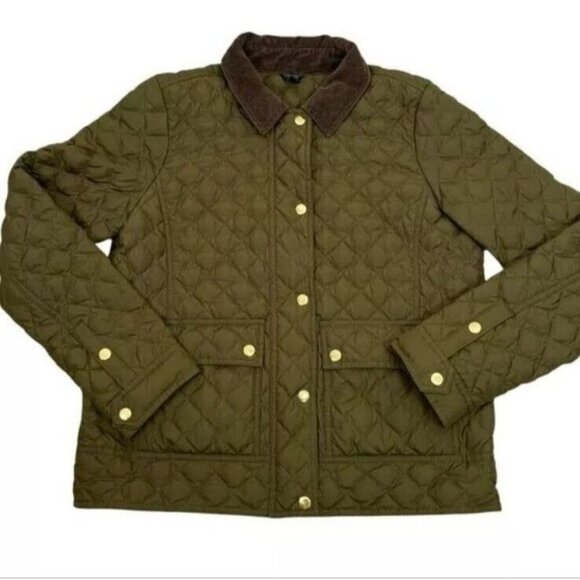 J.CREW Quilted Green Barn Jacket Corduroy Collar Gold Button Down Fill Women Med - Picture 3 of 15